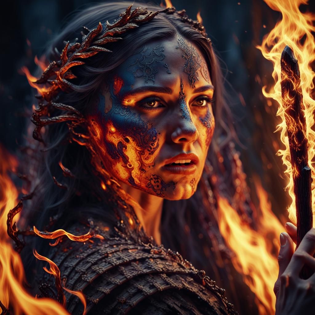 Woman at Stake in Roaring Flames: Dark Fantasy Art