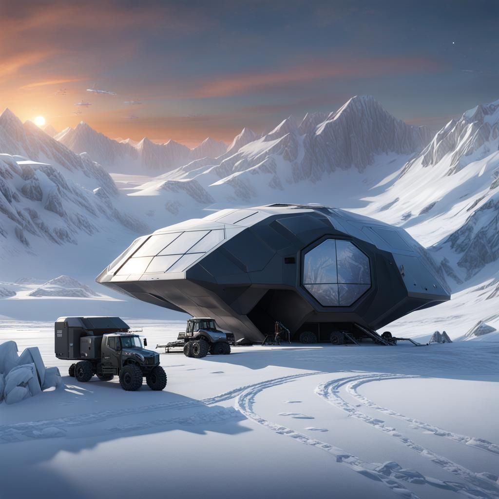 Futuristic Arctic Research Base at Dusk, Cyberpunk Style