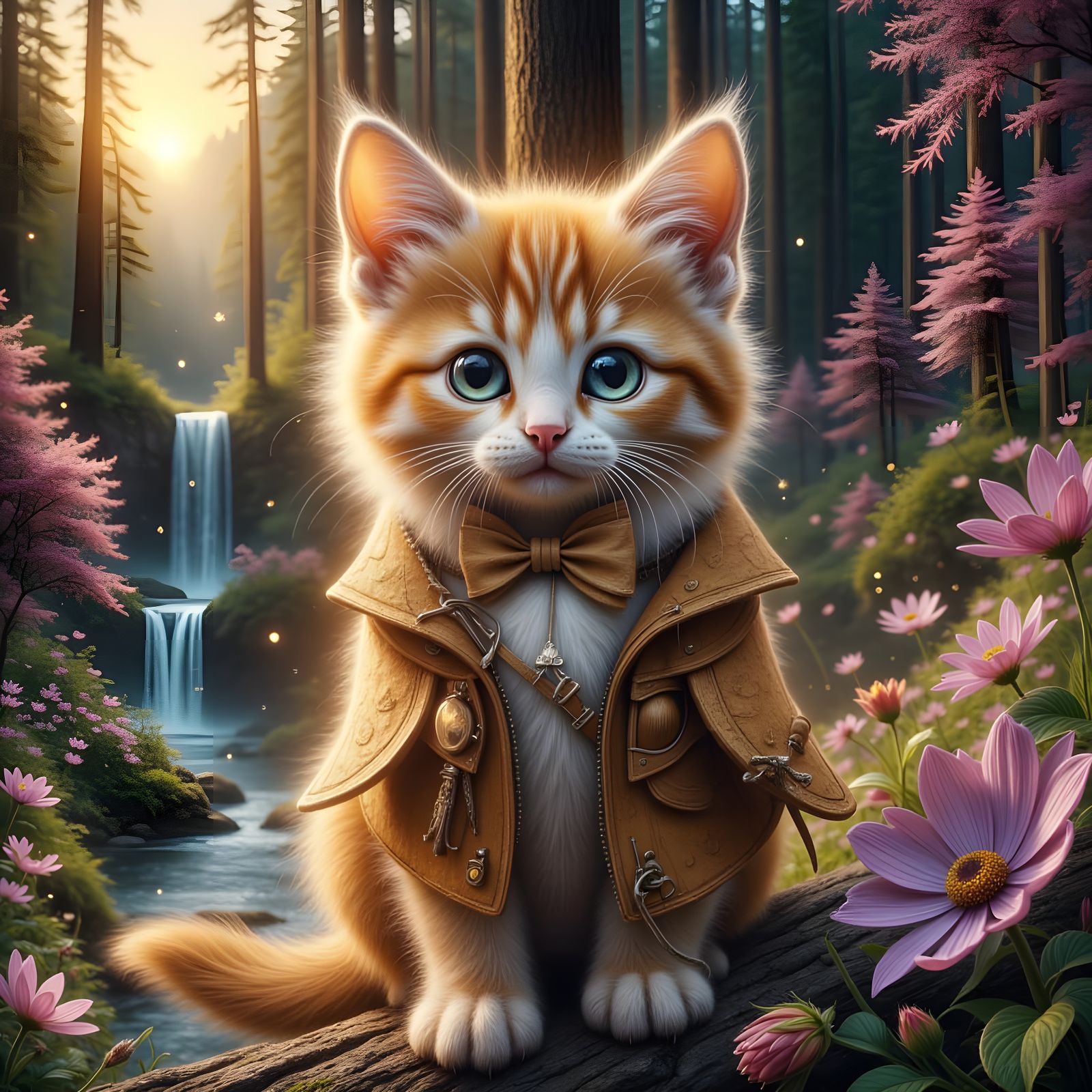 Kitten Rides Raven in Valley, Watercolor Style