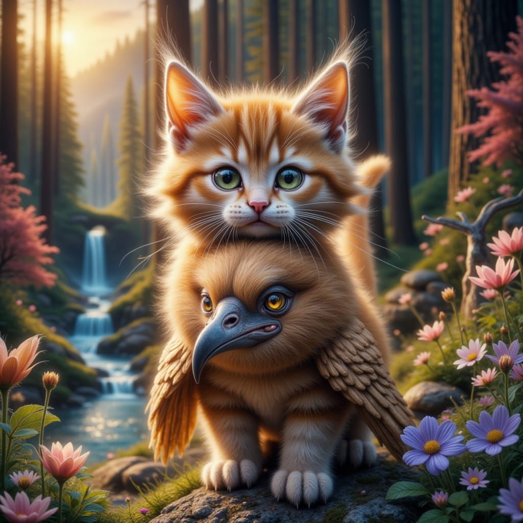 Calico Kitten Rides a Raven in Watercolor Style