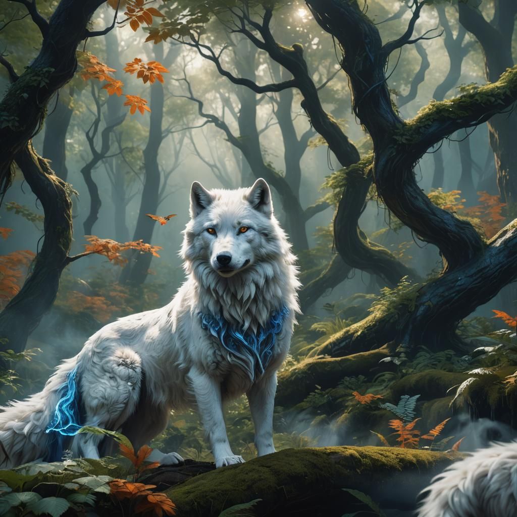 White Wolf with Blue Magic in Forest