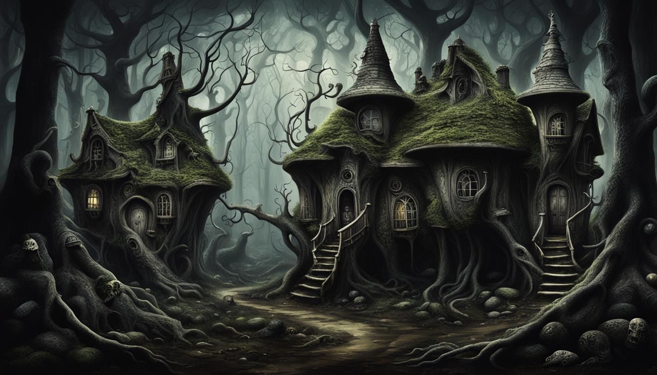 Eerie Fairy Houses in Spooky Dark Forest