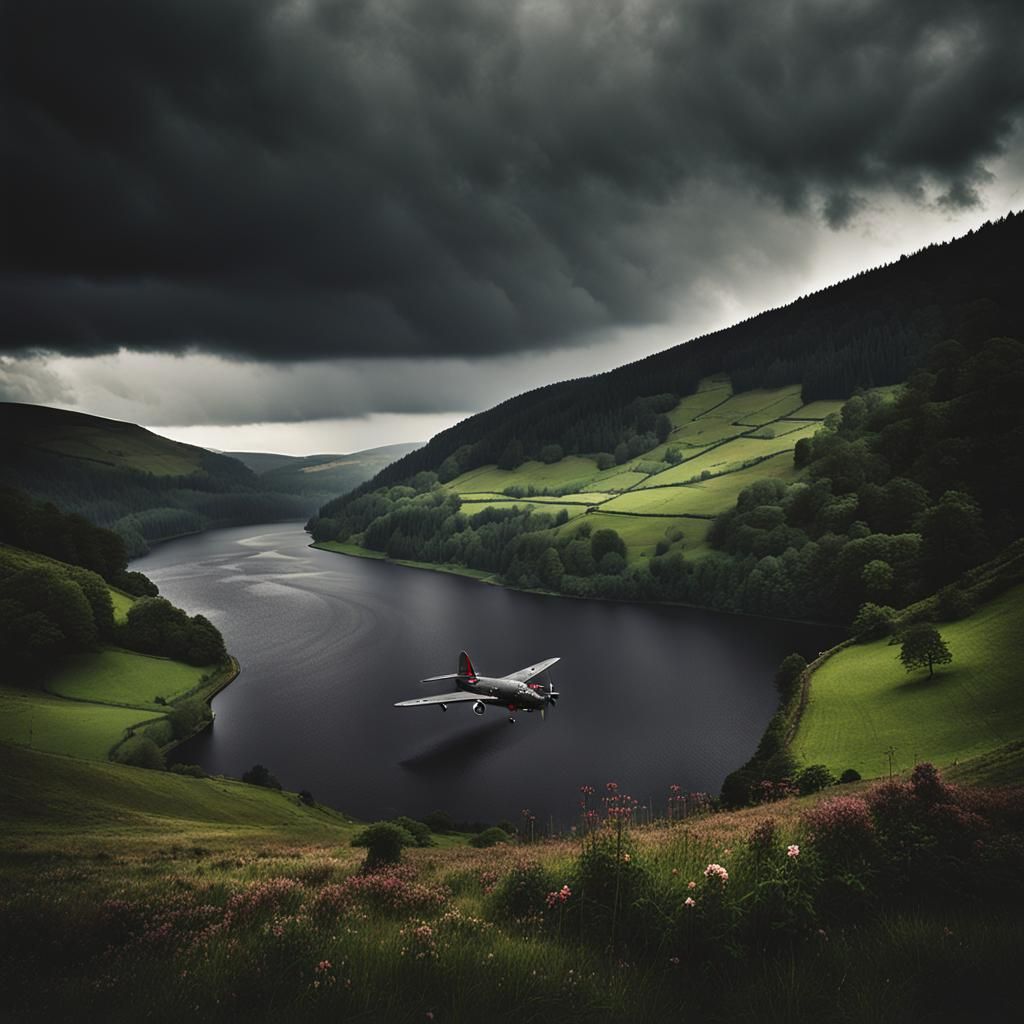 Lancaster Bomber Over Ladybower Reservoir on Stormy Day