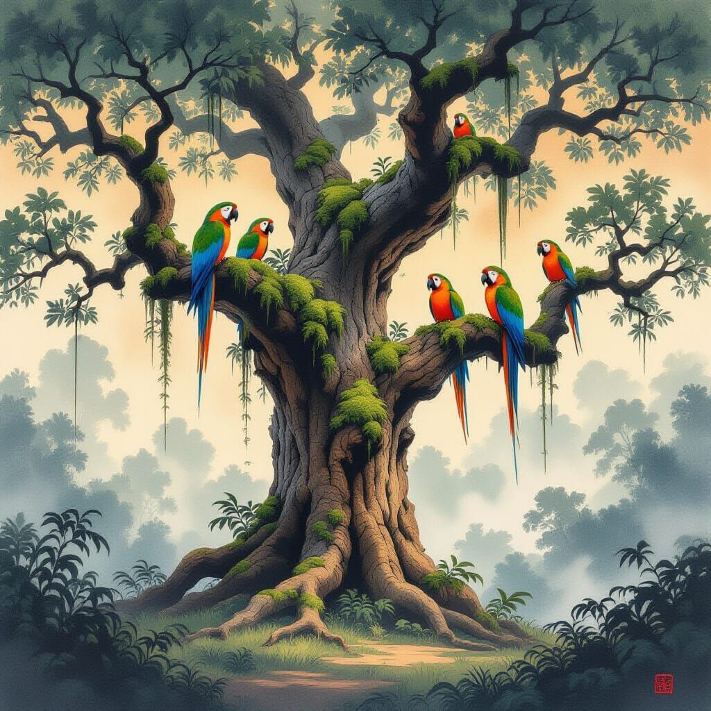 Ancient Jungle Tree with Luminous Parrots in Japanese Ink St...