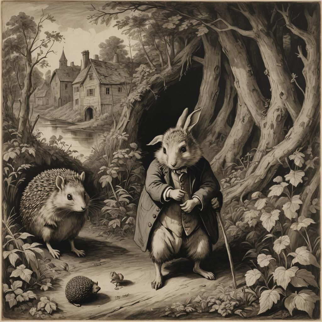 Rabbit and Hedgehog Portrait in Classical Style