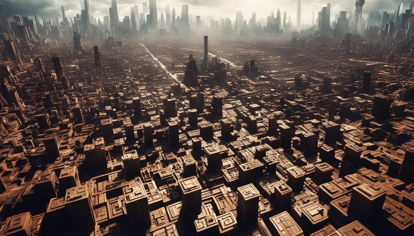 Dystopian Tetris Future City in Hyperrealistic Matte Paintin...