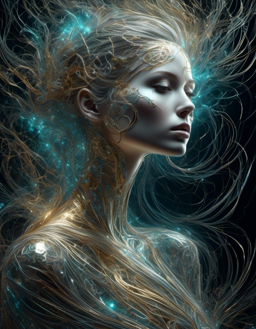 Iridescent Thread Woman in Holographic Digital Art