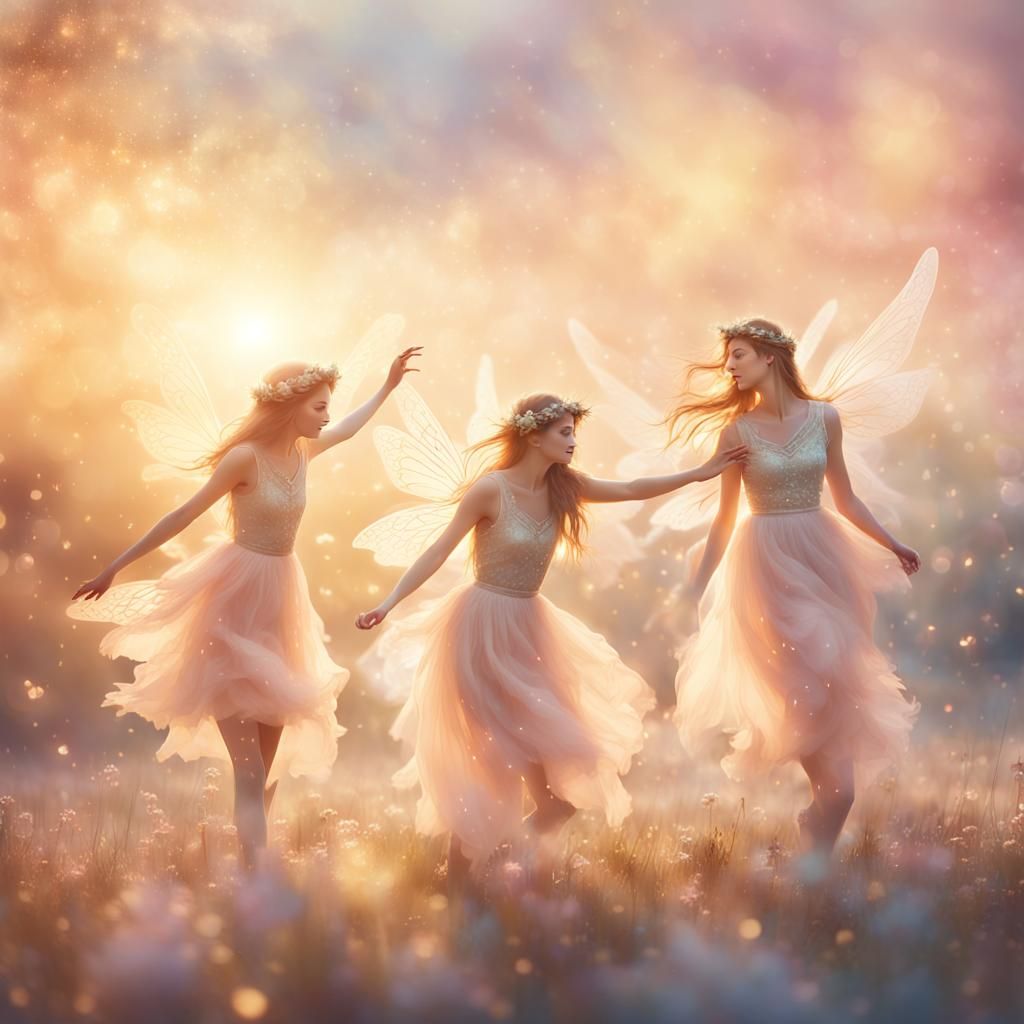 Ethereal Fairies Frolicking in Shimmering Clouds