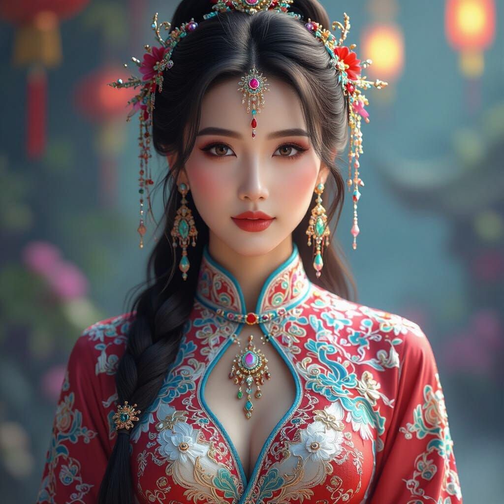 Vietnamese Woman in Ao Dai with Futuristic Jewelry