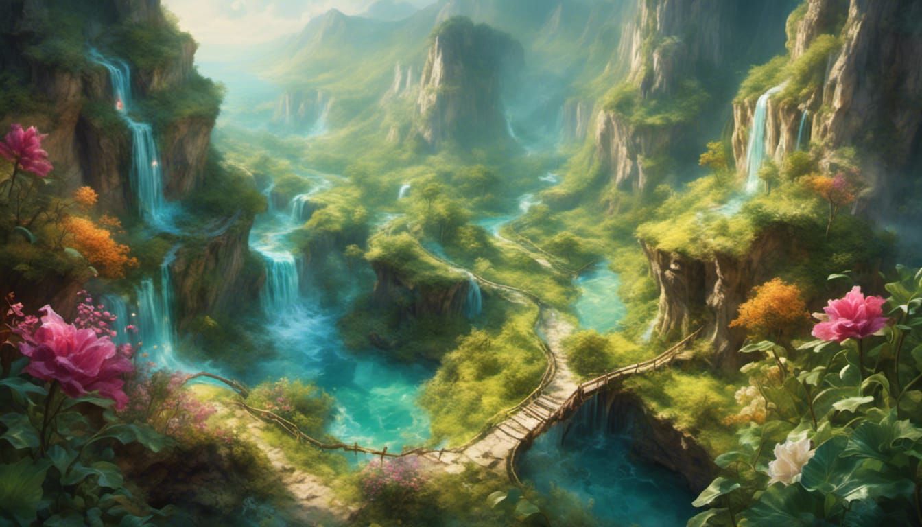 Isometric Landscape with Waterfalls and Winding Path