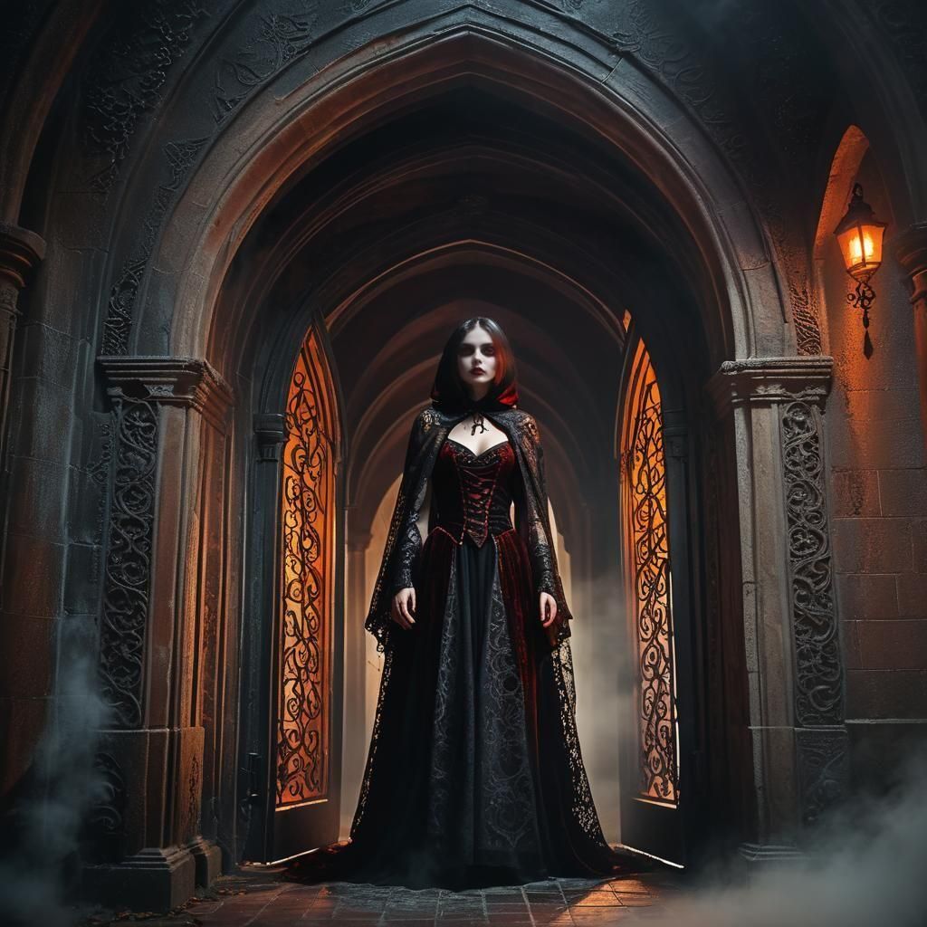 In a realm where shadows dance and whispers echo, she stands cloaked in lace and mystery. Beneath the crimson gaze of th...