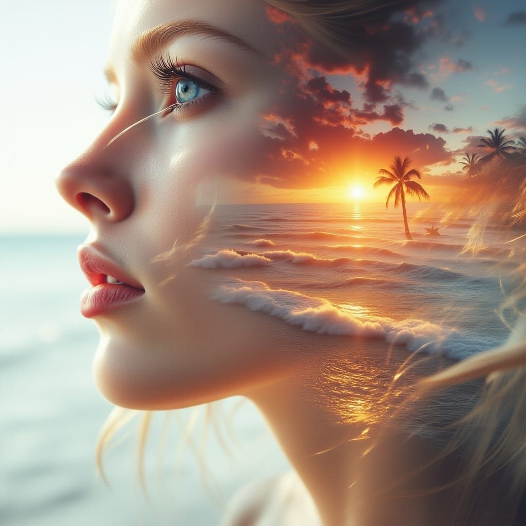 Sunset Beach Double Exposure Portrait in Photorealistic Styl...
