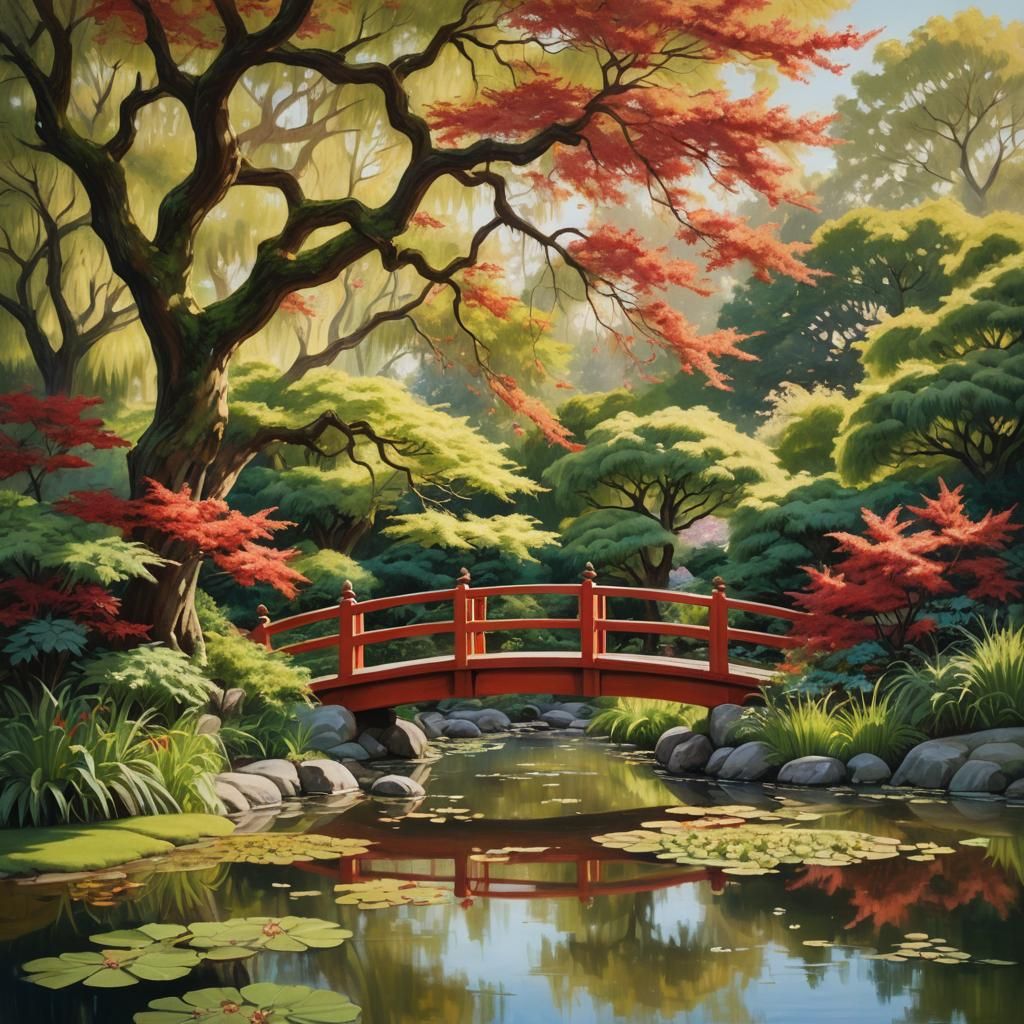Japanese Garden with Maple Tree as Oil Painting