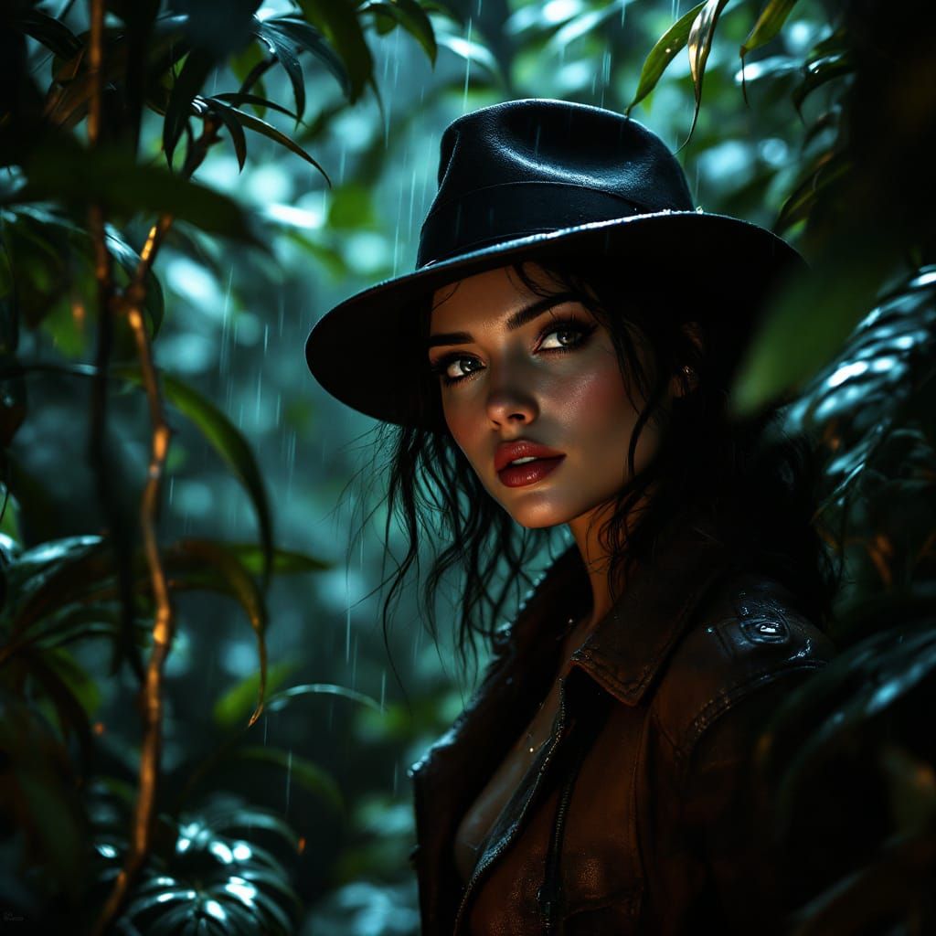 Woman in Fedora in Rainy Jungle, Futuristic Noir