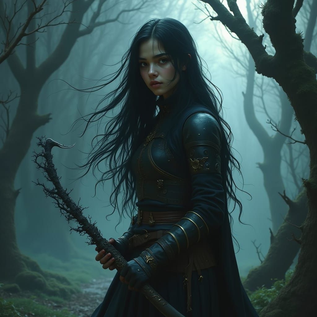 Dark Fantasy Warrior in Misty Forest