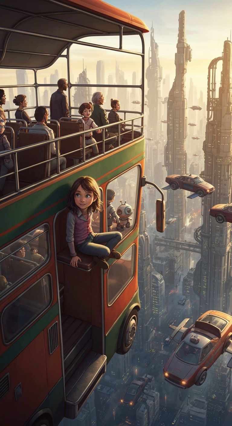 Girl on Flying Bus in Retro-Futurist Metropolis