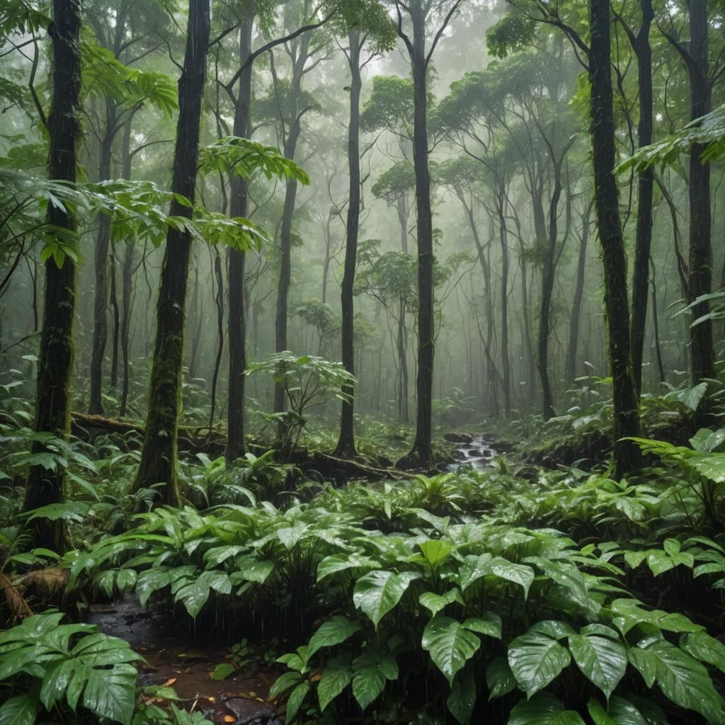 Lush Forest in Heavy Rain: Fantasy Concept Art