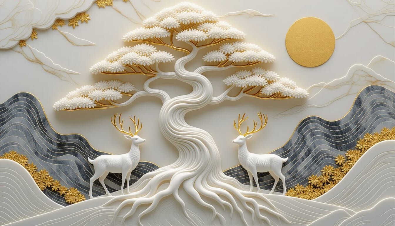 Platinum Marble Sculpture of Japanese Style Tree with Golden...