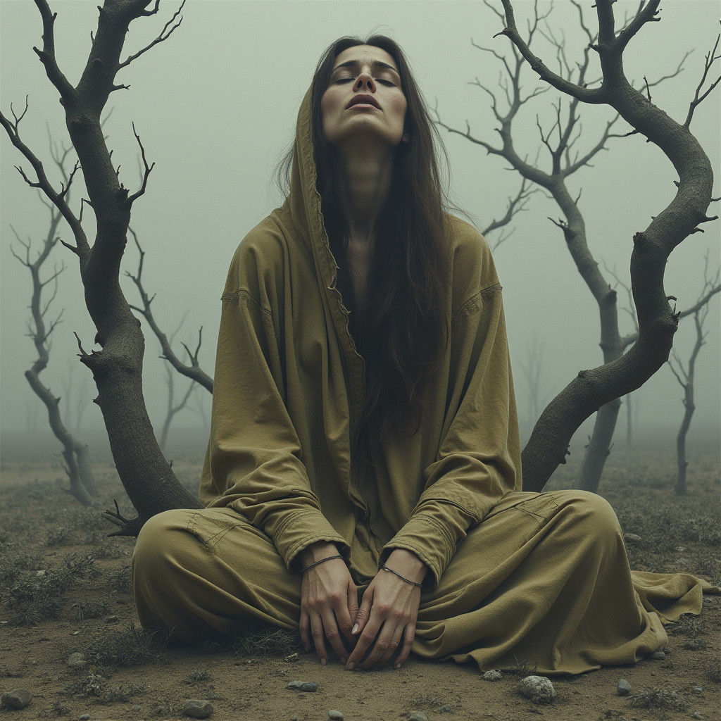 Anguished Woman in Desolate Landscape, in Surreal Style