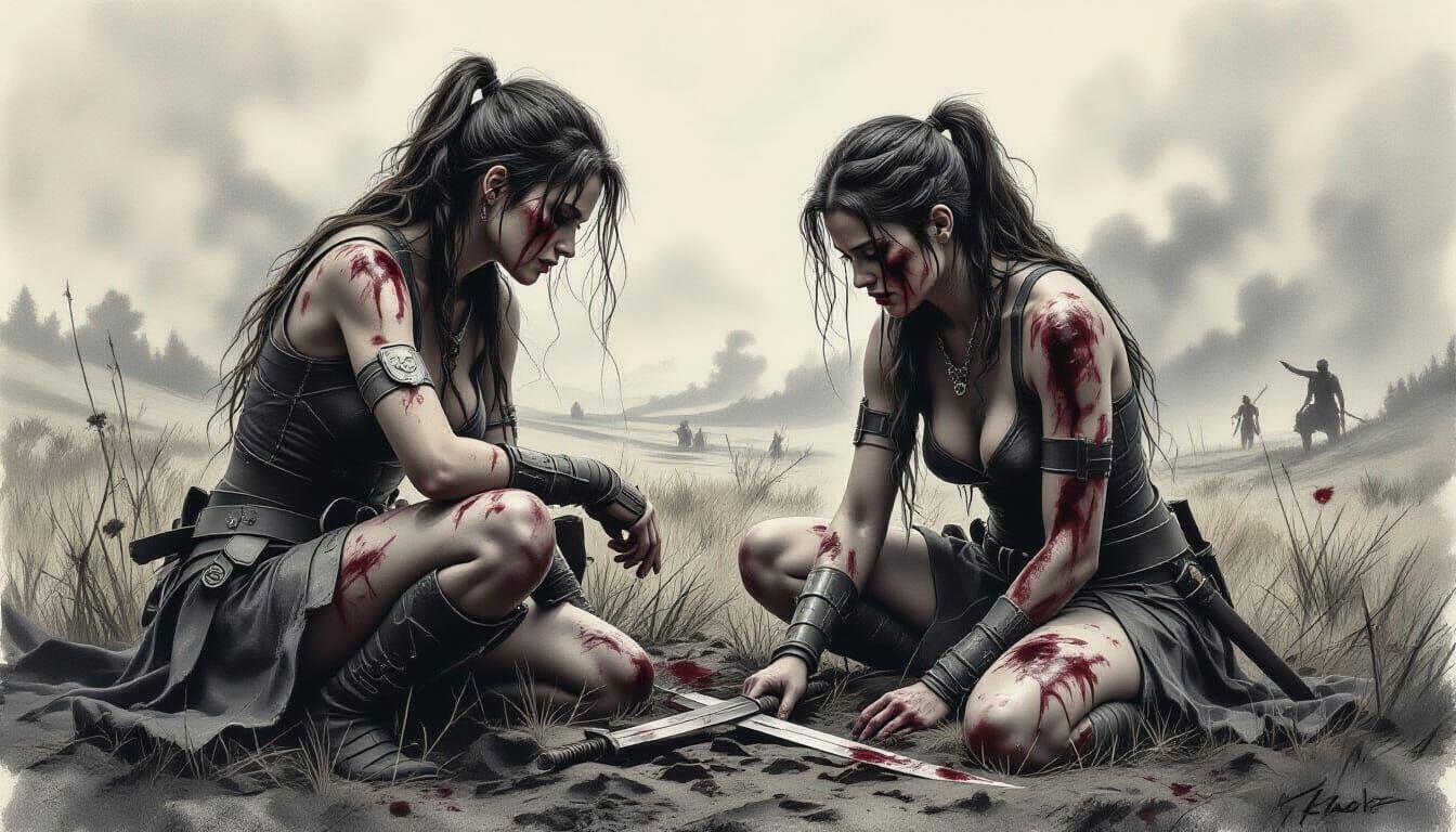 Defeated Female Warriors on Battlefield in Realistic Charcoa...