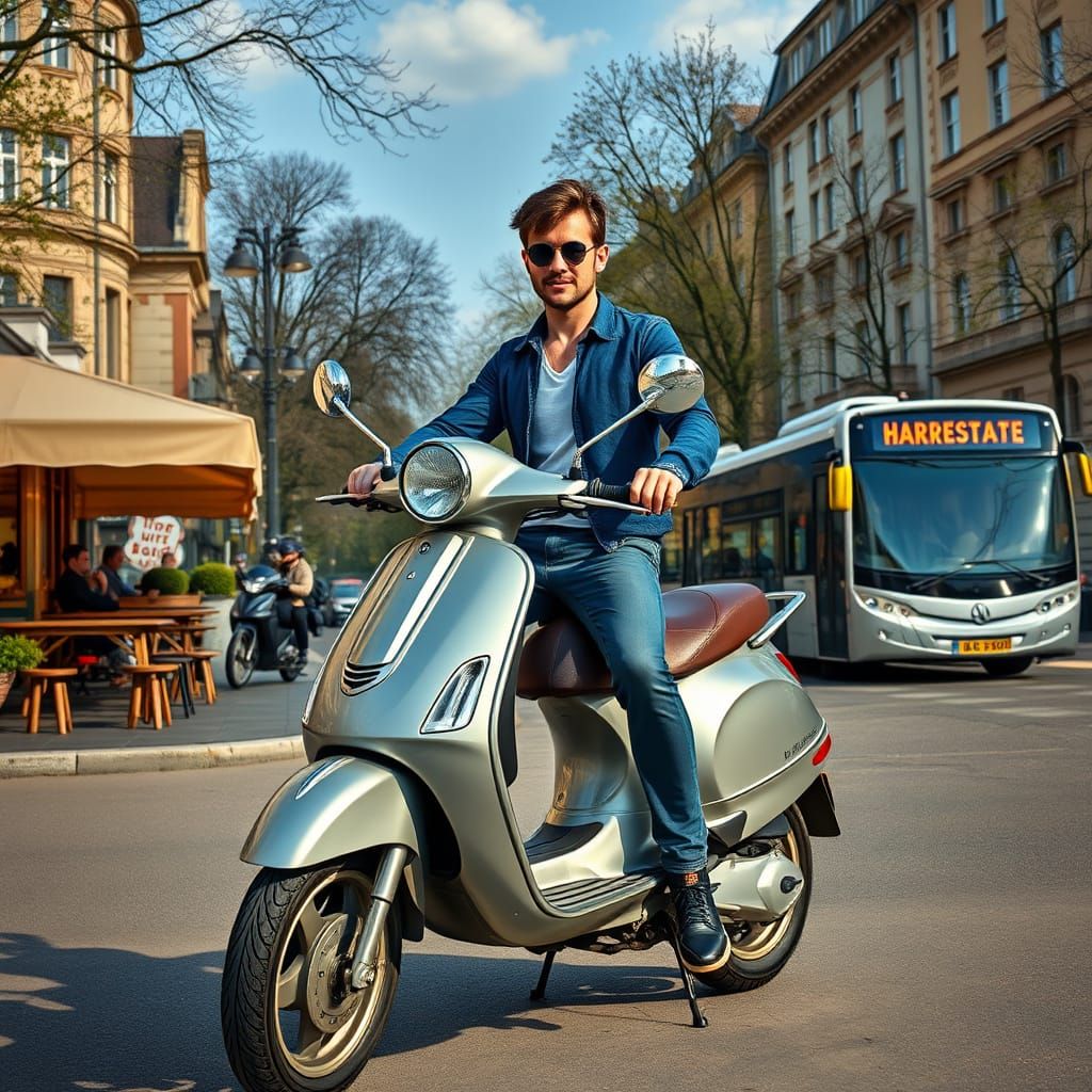Young Man Riding Vespa in Urban Oasis