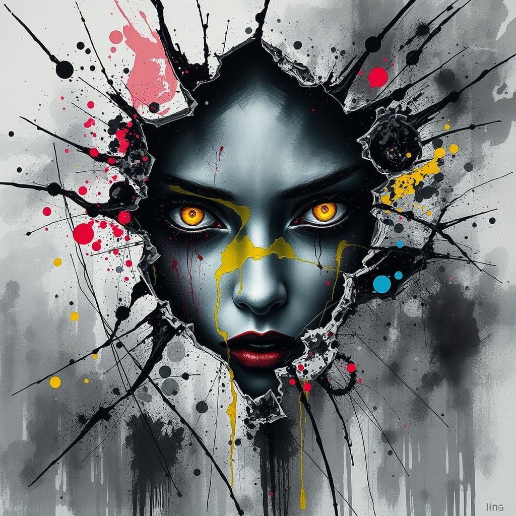 Abstract Face in Fractured Textures: Mixed-Media Masterpiece