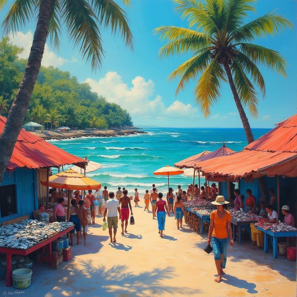 Tropical Fish Market in Gouache Watercolor Style