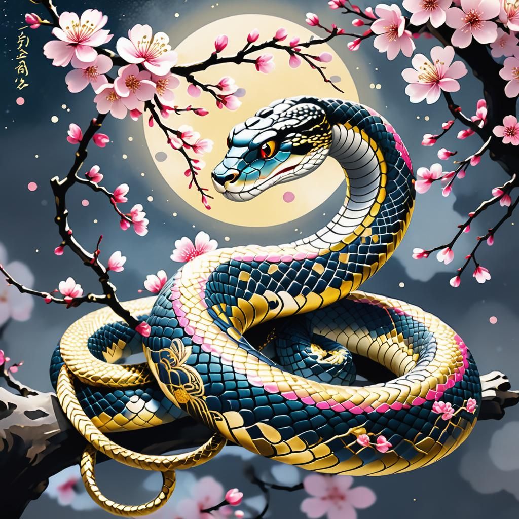 Sakura Serpent in Ukiyo-e Style Digital Art