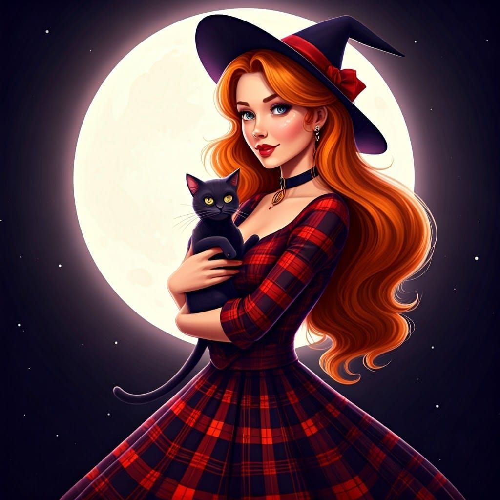 Retro Anime Pin-Up of Ginger Witch with Black Cat