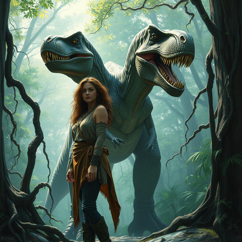 Woman Unaware of T-Rex in Jungle, Rutkowski Style
