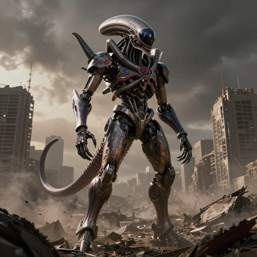 Cybernetic Xenomorph in Apocalyptic Cityscape