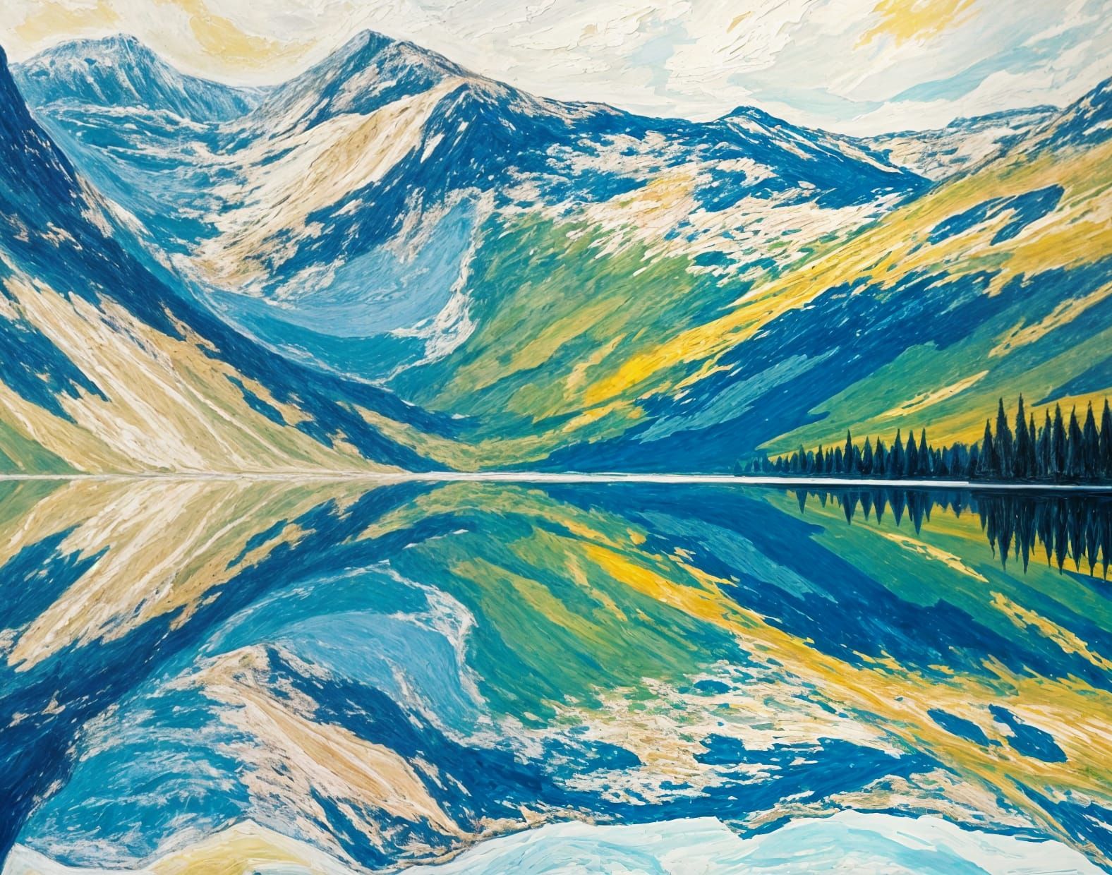 Dreamy Mountain Lake Landscape as Impasto Painting