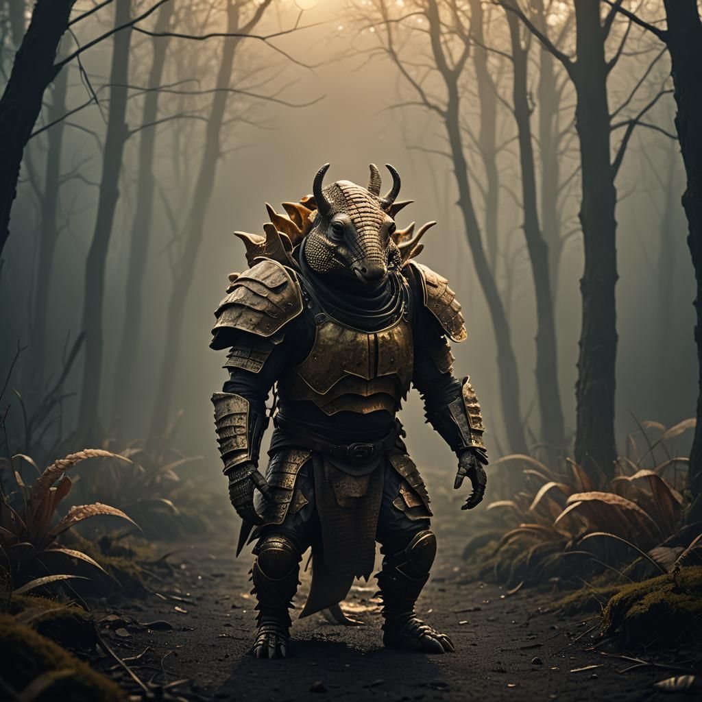 Armored Humanoid in Misty Landscape: Cinematic Film Still