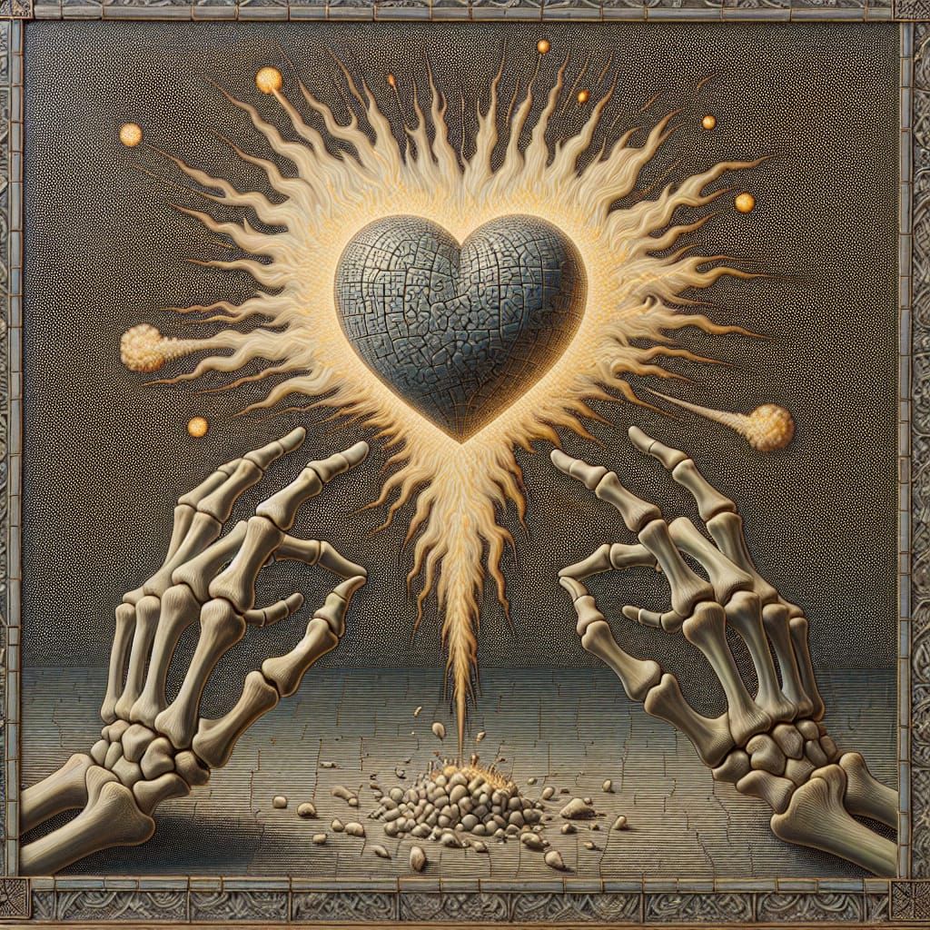 Surreal Bone Fingers Burst Heart Balloon in Grisaille