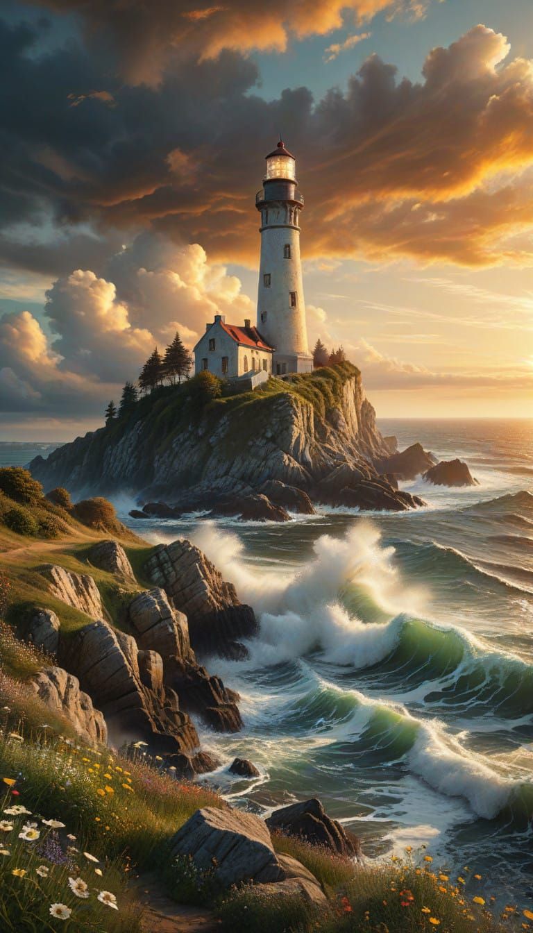 Majestic Lighthouse Amidst Dramatic Coastal Landscape