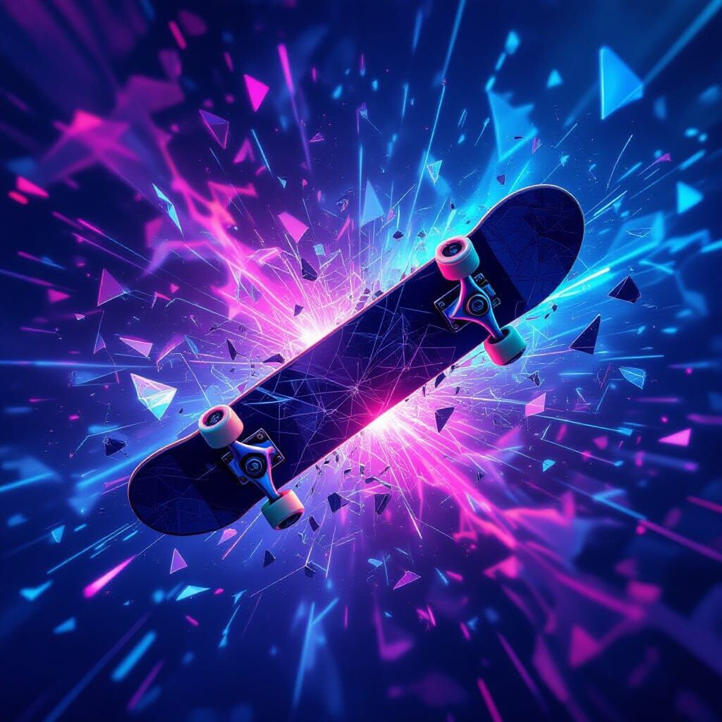 Skateboard Shattering Against Fractal Backdrop in Neon Style