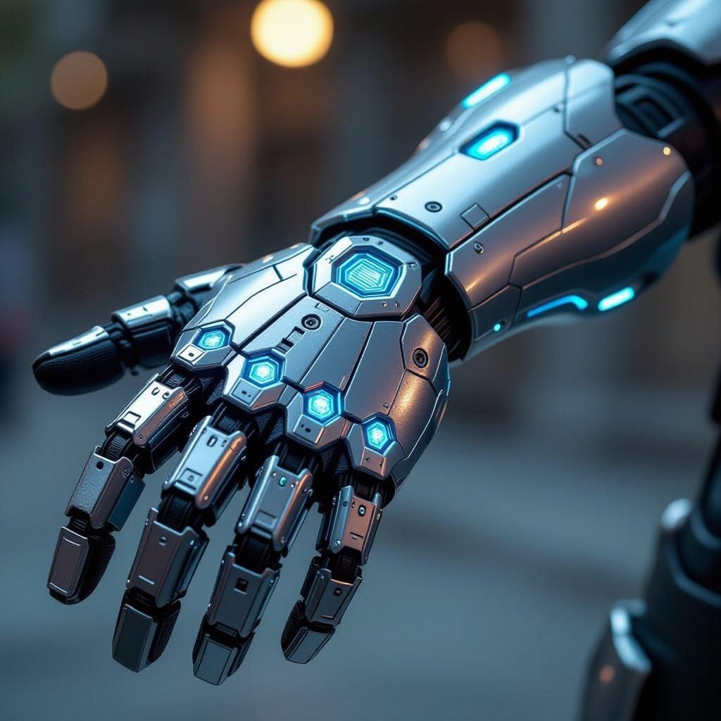 Cybernetic Glove Portrait with Neon Blue Accents