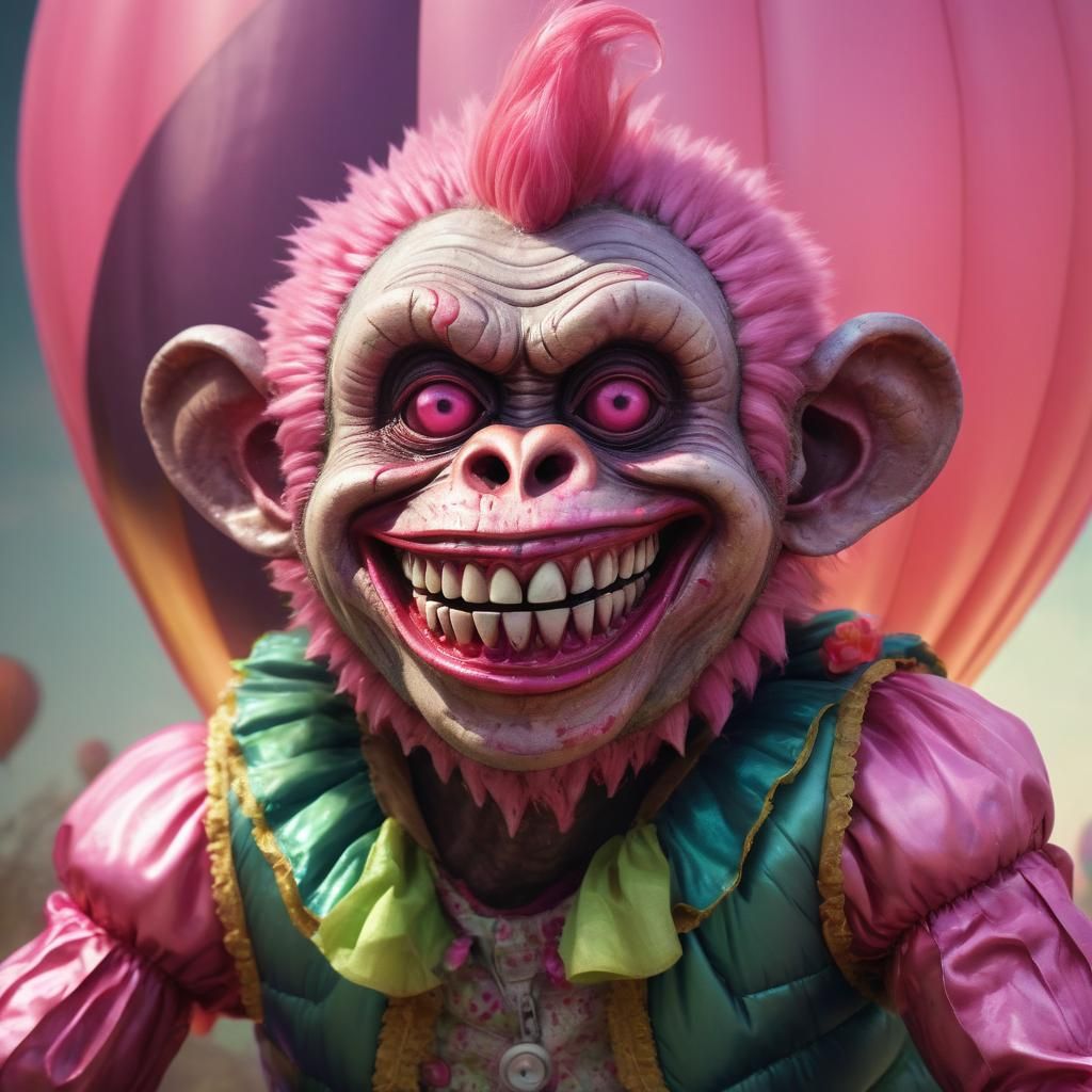 Zombie Monkey Clown in Cucumber Balloon: Hyperrealistic Conc...