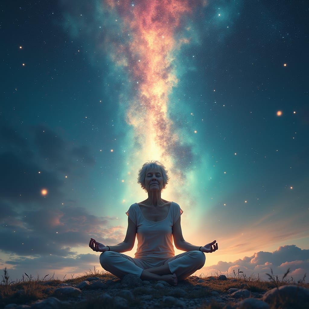 Serene Elderly Woman in Celestial Meditation