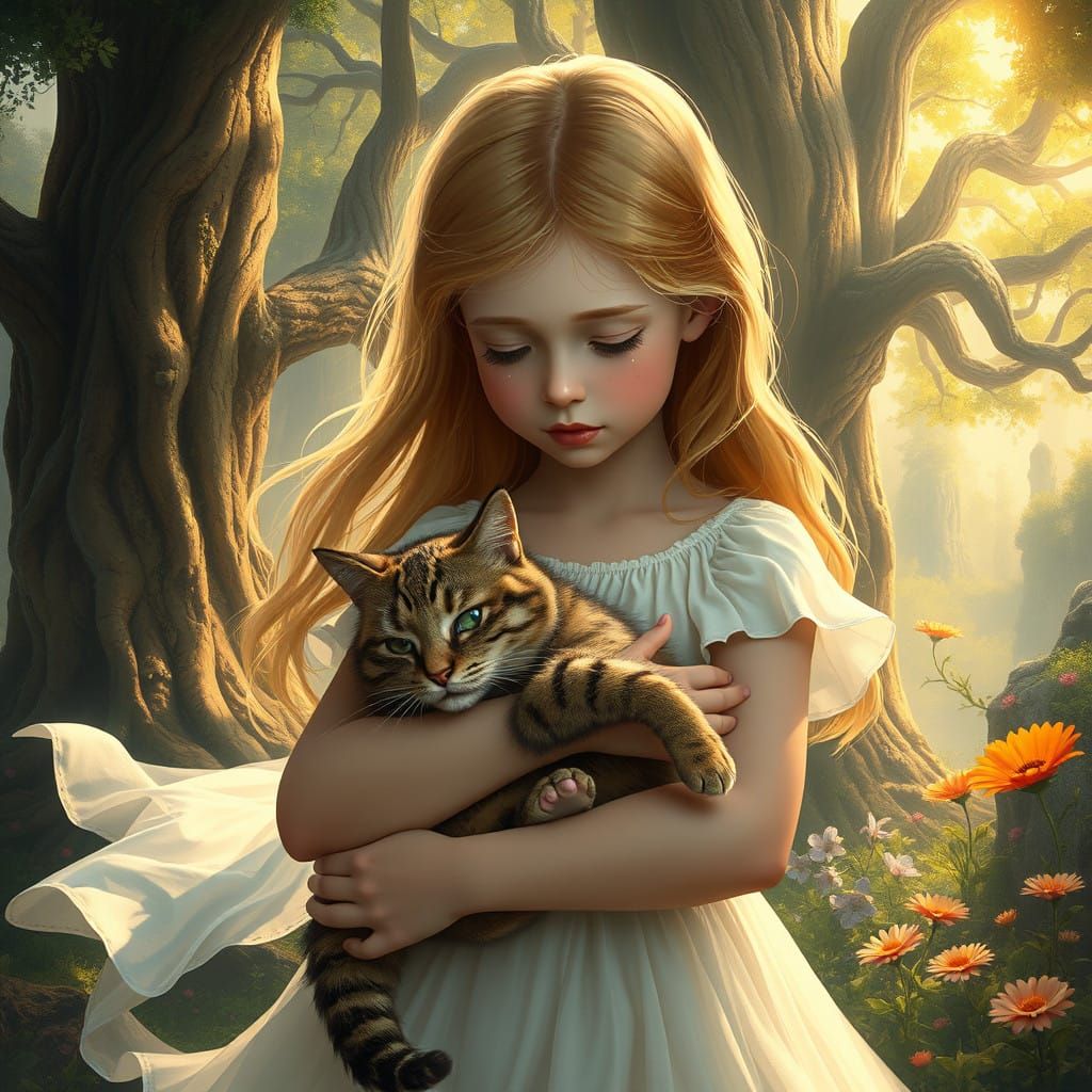 Whimsical Girl Cuddles Majestic Tabby Cat in Dreamlike Lands...