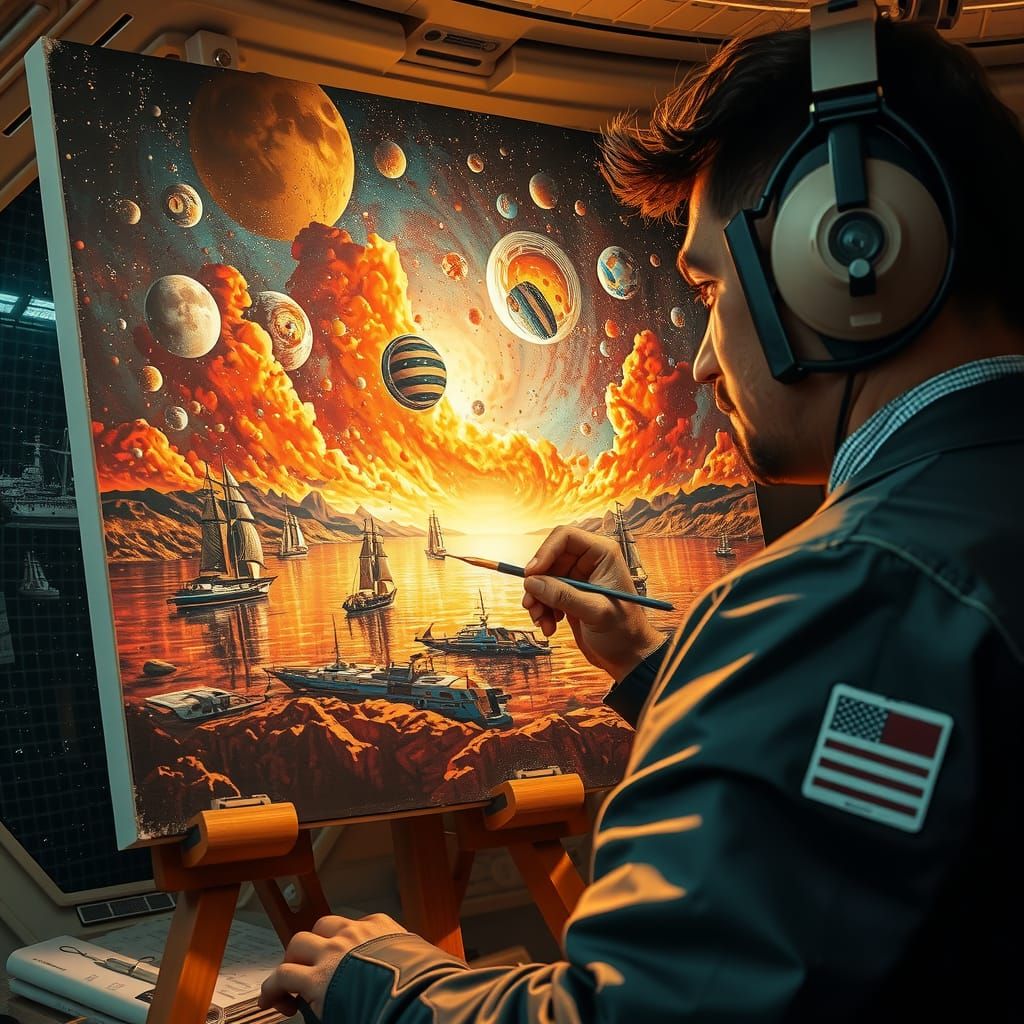 Artist on Spaceship Painting Celestial Harbor