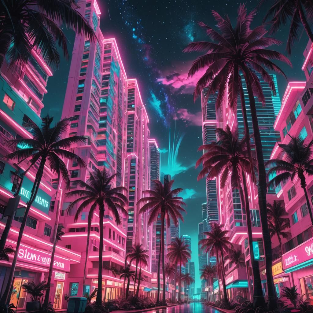 Neon Miami Concept Art in 80s Pastel Style