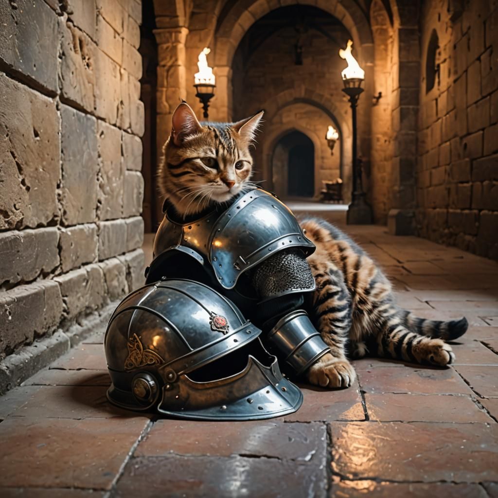 Kitten Nap in Medieval Helmet