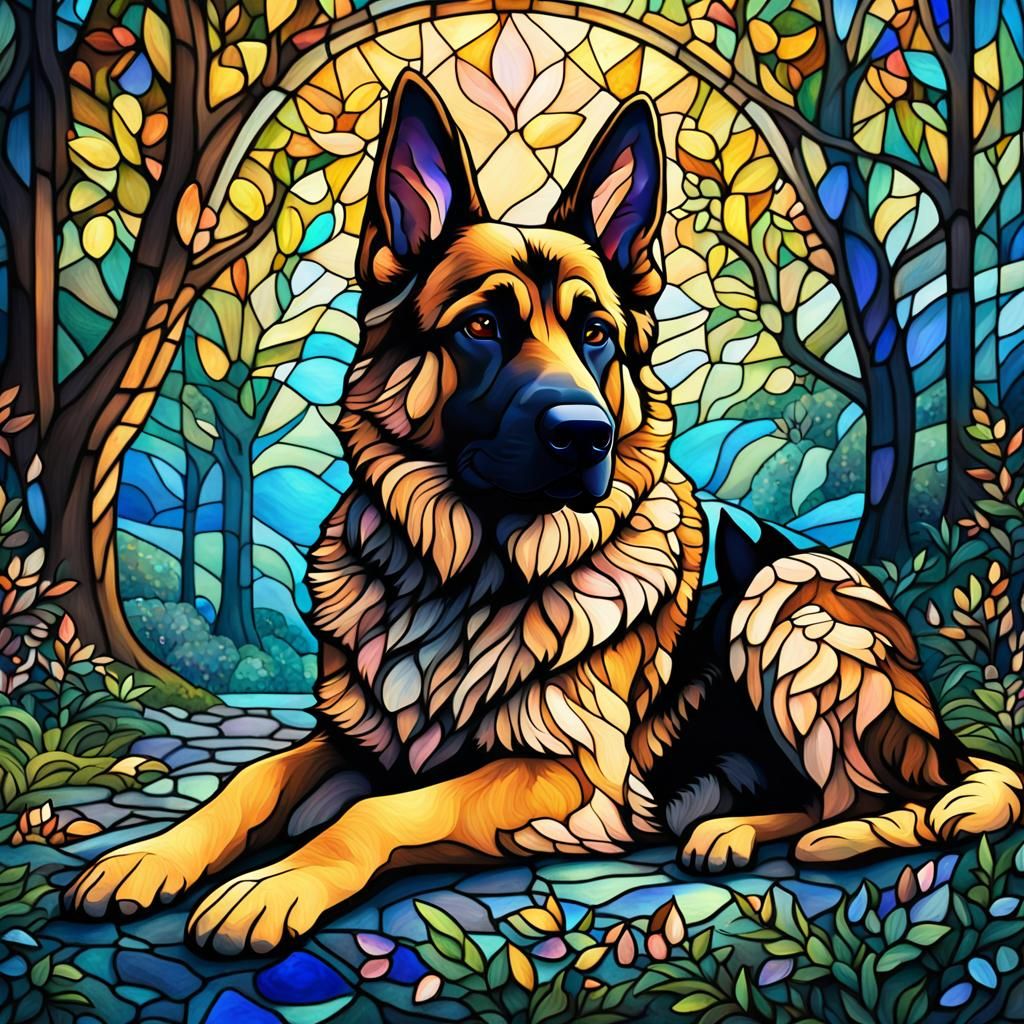 Stained Glass German Shepherd in Whimsical Forest