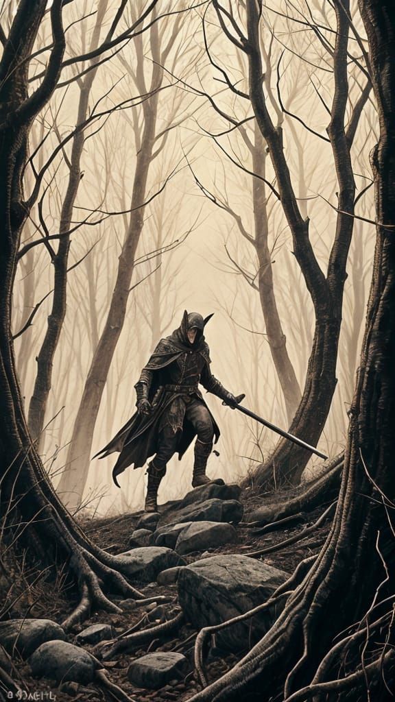 Elven Rogue in Sepia Ink Drawing Style