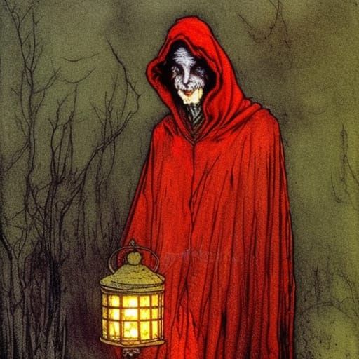 Eerie Bogeyman in Red Cloak with Lantern