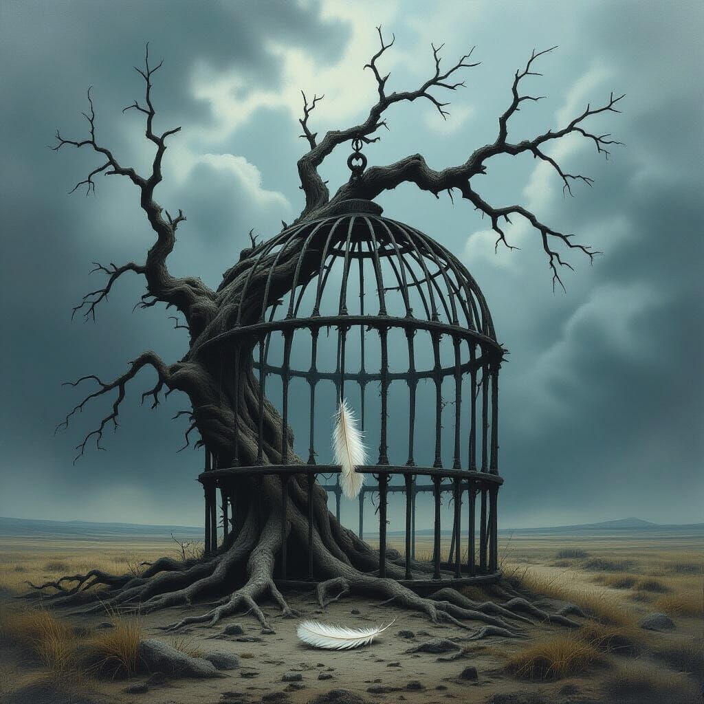 Ancient Tree Forms Birdcage in Stormy Landscape