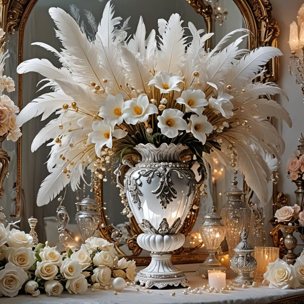 Fantasy Vintage Still Life with Flowers and Pearls