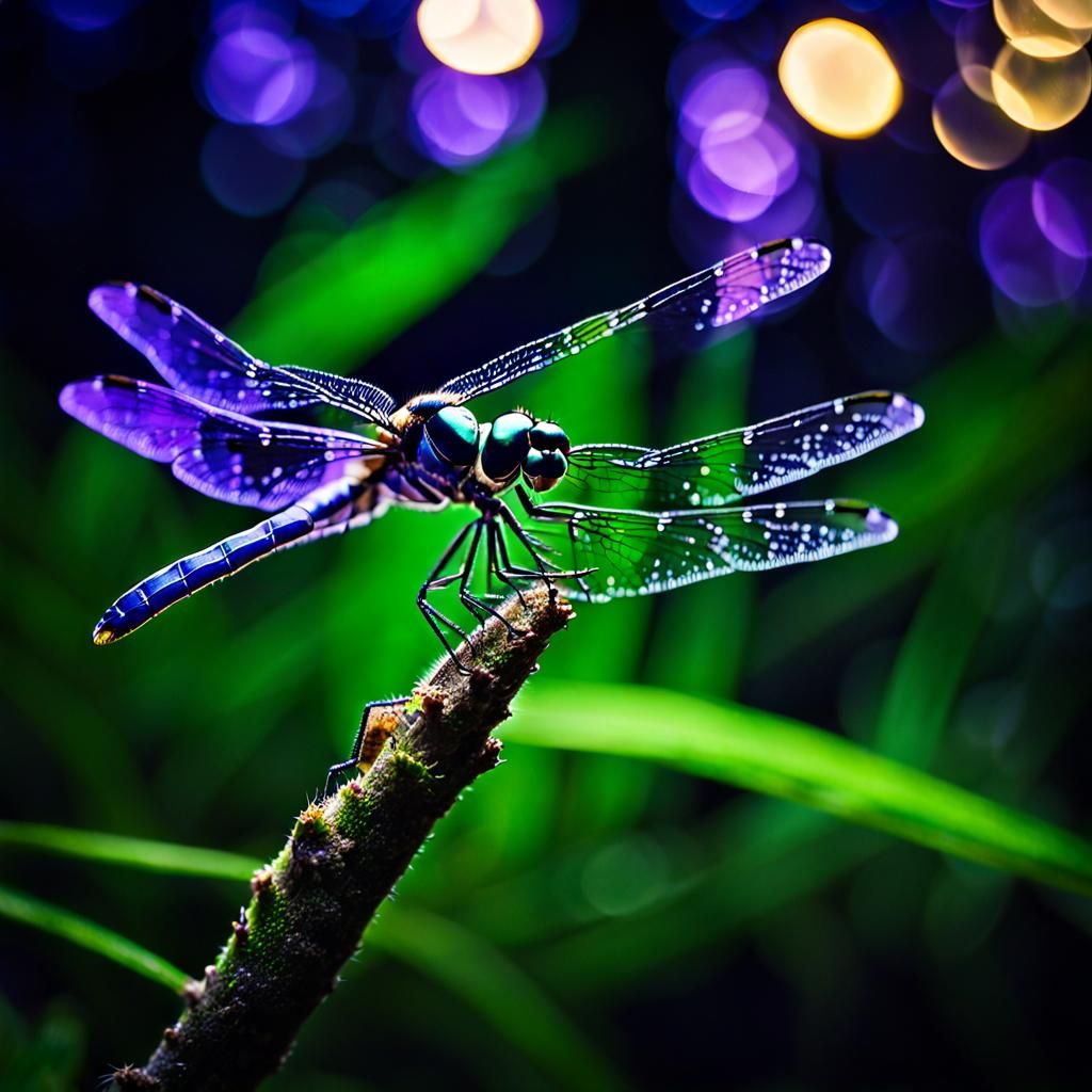 Sparkling Dragonfly in Forest at Night, Professional Photogr...