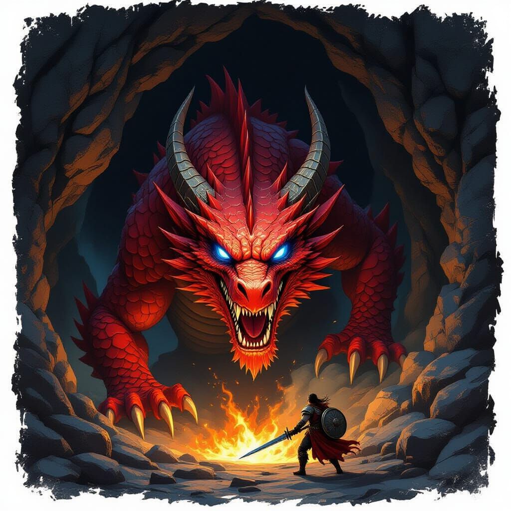 Epic Fantasy Dragon Emerging From Cave Confronts Warrior